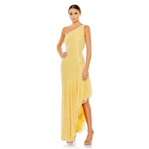 Mac Duggal Elegant Yellow One-Shoulder Dress with sequin and pearls